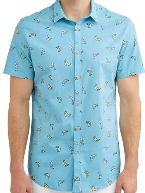 George mens short sleeve 3XL Button Down shirt Banana Graphic Teal/blue